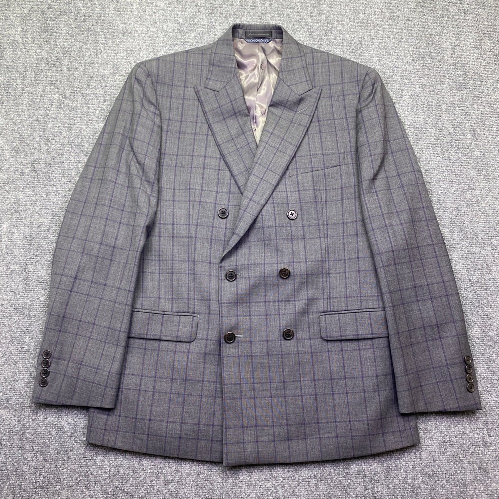 Lauren Ralph Lauren Mens 40R Suit 2 Piece Grey Purple Plaid Double Breasted 34W - Picture 2 of 16